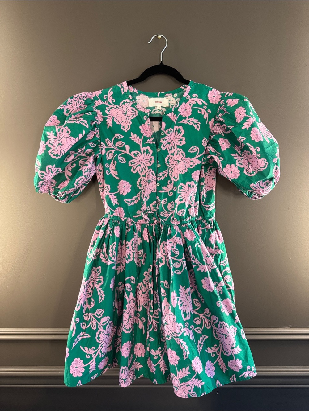 XiRENA Green Dress with Pink Floral Print